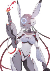 Rule 34 | 1girl, :o, ahoge, animal ears, arm cannon, armor, bodysuit, cable, contrapposto, covered navel, cyborg, fake animal ears, helmet, highres, huang (volt0526), joints, original, punishing: gray raven, red eyes, robot joints, science fiction, shoulder armor, simple background, solo, space helmet, weapon, white background, white hair