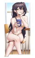Rule 34 | 1girl, absurdres, arm support, bikini, black nails, breasts, brown hair, cellphone, chair, collarbone, cropped legs, desk, emile aoi, girls&#039; frontline, gold bikini, green pupils, highres, holding, holding phone, long hair, looking at viewer, navel, one side up, paid reward available, parted lips, phone, scar, scar across eye, school desk, sitting, small breasts, smartphone, smile, solo, stomach, string bikini, swimsuit, table, ump45 (girls&#039; frontline), yellow eyes
