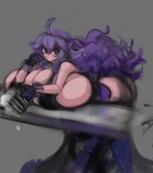 Rule 34 | 1girl, ahoge, alternate breast size, beer mug, bent over, big hair, breast rest, breasts, creatures (company), cup, dress, game freak, gigantic breasts, gipehtyboo, gloves, hair between eyes, hairband, hex maniac (pokemon), highres, messy hair, mug, nintendo, pokemon, pokemon xy, smile, solo, table