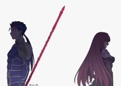 Rule 34 | 1boy, 1girl, blue bodysuit, bodysuit, cu chulainn (fate), cu chulainn (fate/stay night), faceless, faceless female, faceless male, fate/grand order, fate/stay night, fate (series), feet out of frame, from side, gae bolg (fate), highres, holding, holding polearm, holding weapon, long hair, nora (nora f96), polearm, purple hair, scathach (fate), short hair, smile, spear, toned, toned male, weapon