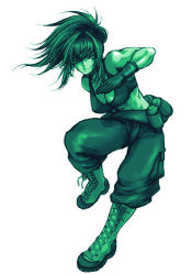 Rule 34 | 1girl, abs, bandolier, boots, breasts, cleavage, crop top, cross-laced footwear, explosive, female focus, fighting stance, full body, gloves, green theme, grenade, lace-up boots, large breasts, leona heidern, long hair, midriff, monochrome, muscular, muscular female, pants, ponytail, snk, solo, tank top, the king of fighters, toned