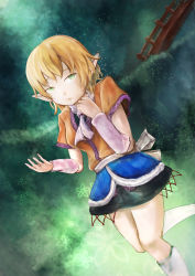 Rule 34 | 1girl, arm warmers, bad id, bad pixiv id, black shirt, black skirt, blonde hair, blurry, bridge, brown shirt, commentary request, flower, gradient background, green eyes, green theme, hand up, leg warmers, light particles, looking up, mizuhashi parsee, open hand, pointy ears, sad, scarf, shirt, short hair, skirt, solo, thighs, tomoichi, touhou
