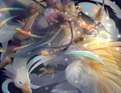 Rule 34 | 1boy, animal, arrow (projectile), bird, bow (weapon), drawing bow, eyepatch, fire emblem, fire emblem fates, grin, hasuyawn, holding bow (weapon), japanese clothes, male focus, niles (fire emblem), nintendo, oversized animal, riding, smile, solo, weapon, white hair