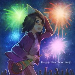 Rule 34 | 1girl, blue eyes, brown hair, cocander, fireworks, glasses, hand on head, happy new year, hat, holiday, jacket, jeanne lefevre, missing stars, new year, night, open mouth, pants, party hat, red-framed eyewear, solo, standing