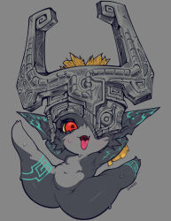 Rule 34 | 1girl, absurdres, arms behind head, black skin, breasts, colored sclera, colored skin, demon girl, eyelashes, fang, grey background, helmet, highres, midna, navel, nintendo, no pussy, one eye covered, orange hair, pointy ears, red eyes, shortstack, simple background, small breasts, spread legs, the legend of zelda, the legend of zelda: twilight princess, tongue, tongue out, waa153, yellow sclera