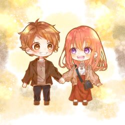 Rule 34 | 1boy, 1girl, :d, arm at side, bag, black pants, blue bag, blush, brown cardigan, brown eyes, brown footwear, brown hair, brown jacket, brown skirt, buttons, cardigan, casual, chibi, clenched hand, clover, commentary request, couple, earrings, enomoto koutarou, four-leaf clover, full body, grey shirt, grin, hair between eyes, handbag, happy, hetero, highres, holding hands, honeyworks, jacket, jewelry, kokuhaku jikkou iinkai, lapels, long hair, long skirt, long sleeves, looking at another, looking to the side, multicolored background, necklace, no nose, open cardigan, open clothes, open mouth, pants, paper texture, parted bangs, partial commentary, pendant, pink hair, purple eyes, setoguchi hina, shigure (user vhpa8874), shirt, shoes, short hair, skirt, sleeves past wrists, smile, standing, t-shirt, teeth, upper teeth only, white shirt