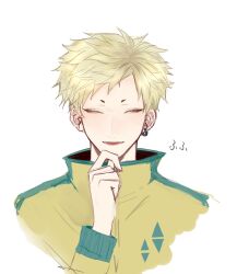 Rule 34 | 1boy, blonde hair, closed eyes, commentary, earclip, facing viewer, green trim, hand on own chin, haruno shion, highres, jacket, kc-rk sl, long sleeves, male focus, open mouth, saibou shinkyoku, short hair, simple background, smile, solo, translated, white background, yellow jacket