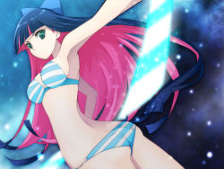 Rule 34 | 10s, 1girl, armpits, ass, blue hair, blunt bangs, bow, bra, breasts, cleavage, colored inner hair, green eyes, hair bow, hattori masaki, katana, lingerie, long hair, looking back, multicolored hair, panties, panty &amp; stocking with garterbelt, pink hair, solo, stocking (psg), striped clothes, striped panties, sword, underwear, underwear only, weapon