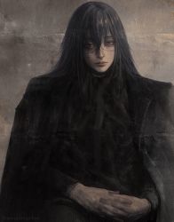 Rule 34 | 1boy, black coat, black hair, black theme, blue eyes, closed mouth, coat, coat on shoulders, hair between eyes, highres, jujutsu kaisen, long hair, looking at viewer, mahito (jujutsu kaisen), male focus, own hands together, painterly, photo-referenced, scar, scar on face, solo, twitter username, wengwengchim