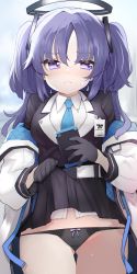 Rule 34 | 1girl, black panties, blue archive, cellphone, commentary request, gloves, halo, highres, id card, izuoku, jacket, lifted by self, long hair, looking at viewer, panties, phone, purple eyes, purple hair, school uniform, simple background, sweat, underwear, yuuka (blue archive)
