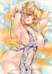 Rule 34 | 1girl, animal ear fluff, animal ears, armlet, armpits, arms behind head, arms up, artist name, at classics, bare shoulders, blonde hair, blue dress, breasts, china dress, chinese clothes, choker, cleavage, covered erect nipples, cowboy shot, dress, floral print, fox ears, fox tail, hair ribbon, head tilt, kitsune, kyuubi, large breasts, looking at viewer, multiple tails, navel, no headwear, no panties, parted lips, revealing clothes, ribbon, sample watermark, short hair, sideboob, smile, solo, tail, thighhighs, touhou, traditional media, untying, watermark, white thighhighs, yakumo ran, yellow eyes