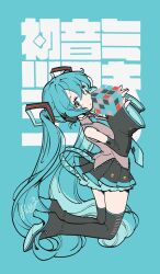 Rule 34 | 1girl, aqua background, aqua hair, black skirt, black sleeves, boots, cherico, detached sleeves, grey shirt, hair ornament, hands up, hatsune miku, headset, highres, holding, long hair, long sleeves, looking at viewer, making-of available, miniskirt, necktie, pleated skirt, rubik&#039;s cube, shirt, signature, skirt, sleeveless, sleeveless shirt, solo, thigh boots, twintails, very long hair, vocaloid
