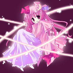 Rule 34 | 1girl, blush, bow, crescent, female focus, floating, frills, full body, hat, long hair, looking at viewer, magic, mob cap, patchouli knowledge, pink bow, pink hair, purple background, purple eyes, red bow, simple background, solo, tareme, touhou, very long hair
