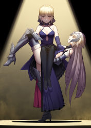 Rule 34 | 2017, 2girls, armor, armored boots, artoria pendragon (all), artoria pendragon (fate), bare shoulders, black dress, black legwear, blonde hair, blush, boots, braid, breasts, chain, cleavage, closed mouth, commentary request, dark persona, dated, detached sleeves, dress, elbow gloves, embarrassed, eyebrows, fate/grand order, fate/stay night, fate (series), french braid, full body, fur-trimmed legwear, fur-trimmed sleeves, fur trim, gloves, gothic lolita, hair ribbon, headpiece, high heels, highres, jeanne d&#039;arc (fate), jeanne d&#039;arc (ruler) (fate), jeanne d&#039;arc alter (avenger) (fate), jeanne d&#039;arc alter (avenger) (third ascension) (fate), jeanne d&#039;arc alter (fate), lolita fashion, long hair, looking at viewer, looking to the side, multiple girls, open mouth, pantyhose, ribbon, saber (fate), saber alter, shadow, short hair, sitting, sitting on person, smile, stage lights, standing, standing on one leg, thighhighs, ttheyue, wavy mouth, yellow eyes