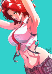Rule 34 | 1girl, absurdres, arm behind head, arm up, armpits, arms behind head, arms up, bare shoulders, breasts, highres, large breasts, looking at viewer, navel, necktie, pants, pinstripe pants, pinstripe pattern, red hair, shirt, sideboob, sleeveless, smile, snk, solo, stomach, strikebeagle, striped, suspenders, the king of fighters, the king of fighters xiv, the king of fighters xv, vanessa (kof), white shirt