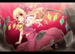 Rule 34 | 1girl, bad id, bad pixiv id, blonde hair, broken ground, female focus, flandre scarlet, letterboxed, looking at viewer, no headwear, no headwear, outstretched arm, outstretched hand, red eyes, rimu (kingyo origin), rimu (rim573), side ponytail, solo, stone, embodiment of scarlet devil, touhou, wings