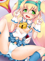 Rule 34 | 1girl, ahegao, arc system works, bad id, bad pixiv id, bare shoulders, bell, blazblue, blazblue: continuum shift, blonde hair, blush, boots, bow, breasts, cowbell, double v, gloves, green eyes, hair bow, hairband, heart, long hair, low-tied long hair, medium breasts, muchourin, nipples, open clothes, open mouth, panties, platinum the trinity, quad tails, shimo (depthbomb), skirt, smile, solo, spread legs, sweat, symbol-shaped pupils, twintails, underwear, upskirt, v, very long hair, white gloves, white panties