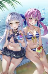 2girls ahoge armpit_crease beach_chair bikini bikini_skirt black_bikini black_bra black_panties blue_nails blunt_bangs blush bow bow_bra bra braid breasts cleavage collarbone colored_inner_hair criss-cross_halter cup drinking_glass drinking_straw eyelashes flower from_above grey_hair hair_bow hair_intakes hairband halterneck highres holding holding_cup hololive large_breasts long_hair looking_at_viewer minato_aqua minato_aqua_(hololive_summer_2019) multicolored_hair multiple_girls murasaki_shion murasaki_shion_(hololive_summer_2019) navel official_alternate_costume open_mouth panties pendant_choker pink_nails pool purple_eyes purple_hair sidelocks sitting sling_bikini_top small_breasts smile star_pendant stomach striped_bikini striped_bra striped_clothes striped_panties swimsuit thigh_gap twintails underwear virtual_youtuber water_drop yellow_eyes yoshidadon