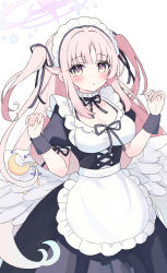 Rule 34 | 1girl, absurdres, angel wings, apron, black dress, blue archive, blush, breasts, cleavage, crescent, crescent pin, dress, feathered wings, frilled apron, frills, halo, highres, large breasts, long hair, looking at viewer, maid, maid apron, maid headdress, mika (blue archive), parted lips, pink hair, pink halo, puffy short sleeves, puffy sleeves, sateto (user knrf2332), short sleeves, simple background, solo, two side up, white apron, white background, white wings, wings, yellow eyes