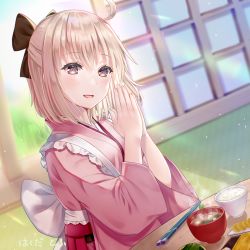 Rule 34 | 1girl, ahoge, alternate costume, bad id, bad pixiv id, blonde hair, blush, bow, breasts, brown bow, chopsticks, commentary request, fate/grand order, fate (series), food, hair between eyes, hair bow, hakuda tofu, highres, indoors, japanese clothes, kimono, long sleeves, looking at viewer, medium breasts, okita souji (fate), okita souji (koha-ace), pink eyes, pink kimono, rice, short hair, smile, solo, soup, table, translation request