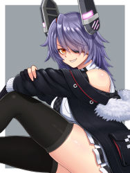 Rule 34 | 1girl, absurdres, black gloves, black thighhighs, blush, breasts, checkered clothes, checkered necktie, checkered neckwear, closed mouth, eyepatch, fur-trimmed hood, fur trim, fur trimm, gloves, hair between eyes, headgear, highres, hood, kantai collection, large breasts, looking at viewer, necktie, open clothes, partially fingerless gloves, pleated skirt, purple hair, school uniform, short hair, skirt, smile, solo, tenryuu (kancolle), thighhighs, tussy, two-tone background, yellow eyes