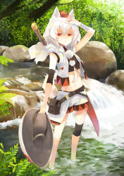 Rule 34 | 1girl, adapted costume, alternate costume, animal ears, bag, bandages, female focus, hand on forehead, hao (patinnko), hat, inubashiri momiji, midriff, navel, red eyes, river, satchel, scabbard, sheath, shield, short hair, shorts, solo, stone, sword, tail, tokin hat, touhou, wading, water, weapon, white hair, wolf ears, wolf tail