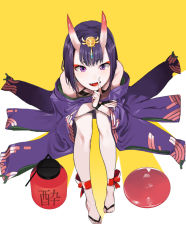 Rule 34 | 1girl, :d, ankle ribbon, bare shoulders, blue hair, bob cut, cup, eyelashes, fang, fate/grand order, fate (series), finger to mouth, from above, gem, hair ornament, horns, japanese clothes, kimono, knees up, leg ribbon, looking at viewer, nesume, no shoes, off shoulder, oni, open mouth, purple eyes, red ribbon, ribbon, sakazuki, short hair, shuten douji (fate), shuten douji (first ascension) (fate), sitting, skin-covered horns, smile, solo, teeth, two-tone background, wide sleeves
