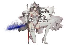 Rule 34 | 1girl, animal ears, arknights, bridal veil, charlie purrito, dress, highres, holding, holding sword, holding weapon, long hair, looking at viewer, solo, sword, tail, texas (arknights), texas the omertosa (arknights), veil, weapon, wedding dress, white background, wolf ears, wolf girl, wolf tail