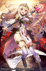 Rule 34 | 1girl, blonde hair, blush, breasts, detached sleeves, female focus, fingerless gloves, freya (valkyrie connect), gaou (umaiyo puyoman), gloves, groin, hair between eyes, hair ornament, highres, holding, long hair, looking at viewer, magic, medium breasts, open mouth, original, red eyes, solo, staff, thighhighs, valkyrie connect, watermark, white gloves, white thighhighs