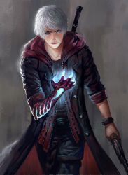 Rule 34 | 1boy, belt, black coat, blue eyes, bracelet, claws, closed mouth, coat, devil may cry (series), devil may cry 4, diaodiao, glowing, gun, handgun, highres, holding, holding gun, holding weapon, hood, hood down, jewelry, looking at hand, male focus, nero (devil may cry), open clothes, open coat, sleeves rolled up, solo, sword, thigh strap, weapon, weapon on back, white hair, zipper