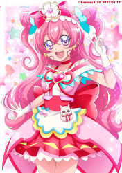 Rule 34 | 1girl, :d, apron, blush, bow, bow hairband, breasts, choker, collarbone, cowboy shot, cure precious, delicious party precure, earrings, gloves, hair between eyes, hair bow, hairband, hanzou, highres, jewelry, kome-kome (precure), layered skirt, long hair, looking at viewer, miniskirt, open mouth, pink hair, pink hairband, pleated skirt, precure, purple eyes, red bow, red choker, red skirt, skirt, small breasts, smile, solo, twintails, v, very long hair, waist apron, white apron, white gloves