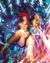 Rule 34 | 1girl, bad id, bad pixiv id, blue eyes, breasts, cleavage, dragon&#039;s shadow, hair over one eye, kazari tayu, large breasts, long hair, official art, red hair, solo, sword, thighs, weapon