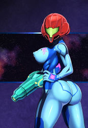 Rule 34 | 1girl, arm cannon, ass, bodysuit, breasts, covered erect nipples, hand on own hip, helmet, hero (do-belman), large breasts, looking at viewer, looking back, metroid, samus aran, skin tight, solo, space, tongue, weapon, zero suit