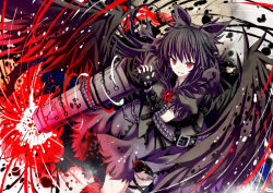 Rule 34 | 1girl, adapted costume, alternate color, alternate weapon, arm cannon, black hair, black wings, bow, dark persona, energy, fingerless gloves, givuchoko, gloves, goth fashion, grin, hair bow, long hair, radiation symbol, red eyes, reiuji utsuho, smile, third eye, touhou, weapon, wings
