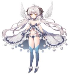 Rule 34 | 1girl, ahoge, arm cuffs, babydoll, black choker, blue footwear, blue panties, blue thighhighs, blush, boots, breasts, choker, commentary request, detached wings, feathered wings, full body, fur-trimmed boots, fur trim, gluteal fold, hair between eyes, hajin, horns, long hair, looking at viewer, low twintails, navel, original, panties, pom pom (clothes), silver hair, simple background, small breasts, solo, standing, stomach, thighhighs, thighs, twintails, underwear, very long hair, white background, white wings, wings, wrist cuffs, yellow eyes