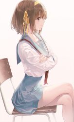 Rule 34 | 1girl, blue skirt, blush, brown hair, chair, chromatic aberration, closed mouth, commentary request, crossed arms, crossed legs, from side, highres, long sleeves, profile, sailor collar, school uniform, serafuku, short hair, simple background, sitting, skirt, solo, sul ( 20sub), suzumiya haruhi, suzumiya haruhi no yuuutsu, white background