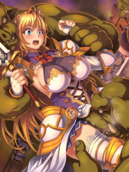Rule 34 | 1girl, :o, arm grab, armor, axe, blonde hair, blue eyes, blush, breasts, colored skin, crown, female knight, full armor, funamushi (funa), green skin, highres, imminent rape, large breasts, long hair, non-web source, orc, original, restrained, sideboob, size difference, skirt, snout, solo focus, sword, tusks, weapon, white legwear