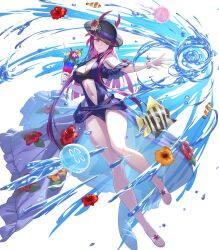 Rule 34 | 1girl, bare shoulders, black hat, bracelet, breasts, cleavage, closed mouth, clownfish, cuboon, cup, drinking glass, drinking straw, feet, female focus, fire emblem, fire emblem engage, fire emblem heroes, fish, flower, frills, full body, hat, hibiscus, high heel sandals, highres, holding, holding cup, ivy (fire emblem), jellyfish, jewelry, legs, lips, long hair, matching hair/eyes, medium breasts, mole, mole on cheek, mole under mouth, navel, nintendo, non-web source, official art, one-piece swimsuit, purple eyes, purple hair, sandals, see-through, solo, stomach, swimsuit, toeless footwear, toenails, toes, transparent background, tropical drink, water, water drop, white footwear