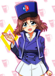 Rule 34 | 1girl, :d, alcohol, azumi (girls und panzer), bc freedom (emblem), bc freedom military uniform, beer, blue eyes, blue hat, blue jacket, blue vest, brown hair, clenched hand, commentary, cowboy shot, cup, diamond (shape), dress shirt, emblem, fujimaru arikui, gesture, girls und panzer, hat, high collar, highres, jacket, kepi, long sleeves, looking at viewer, medium hair, military, military hat, military uniform, miniskirt, mug, open mouth, partially unbuttoned, pleated skirt, school connection, shirt, skirt, smile, solo, standing, torn clothes, torn jacket, undersized clothes, uniform, vest, white shirt, white skirt