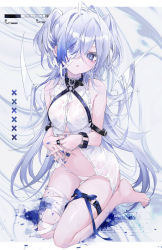 Rule 34 | 1girl, bandage over one eye, bandaged leg, bandages, bandaid, bandaids on nipples, bare shoulders, blue eyes, blue hair, blue nails, chain, commentary request, frilled panties, frills, full body, gradient hair, grey hair, gridman universe, hair between eyes, highres, interlocked fingers, looking at viewer, mashiro shiki, multicolored hair, nail polish, navel, one eye covered, panties, parted lips, pasties, school uniform, seiza, shirt, sitting, sleeveless, sleeveless shirt, solo, toenail polish, toenails, twitter username, two side up, underwear, watermark, wet, white panties, white shirt