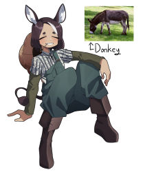 Rule 34 | 1girl, absurdres, animal, animal ears, bad id, bad pixiv id, blue overalls, boots, brown footwear, brown hair, closed eyes, collared shirt, dark-skinned female, dark skin, donkey, donkey ears, donkey girl, donkey tail, facing viewer, full body, gomulgong, green shirt, grin, hat, hat on back, highres, knees up, long sleeves, mouth hold, multicolored hair, original, overalls, personification, photo inset, plaid, plaid shirt, reference inset, shirt, short eyebrows, simple background, sitting, smile, solo, stalk in mouth, straw hat, streaked hair, two-tone hair, unworn hat, unworn headwear, white background, white hair, white shirt