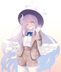 Rule 34 | alternate costume, angel wings, arm up, blue archive, blue bow, blush, bow, crescent, feathered wings, halo, hat, highres, long hair, midorino eni, mika (blue archive), one eye closed, pink hair, shirt, shorts, white background, white shirt, wings, yellow eyes