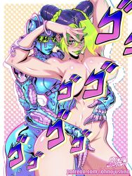 Rule 34 | 2girls, arms up, bracelet, breasts, broken handcuffs, censored, completely nude, cone hair bun, covering privates, covering crotch, double bun, green lips, hair bun, highres, jewelry, jojo no kimyou na bouken, jojo pose, justino barcelo, kuujou jolyne, large breasts, looking at viewer, multicolored hair, multiple girls, novelty censor, nude, smile, sound effects, stand (jojo), stone free, stone ocean, two-tone hair