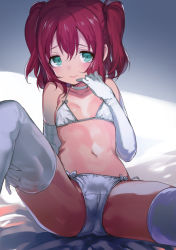Rule 34 | 10s, 1girl, 3:, aqua eyes, bad id, bad pixiv id, bra, breasts, cameltoe, choker, elbow gloves, gloves, hand to own mouth, hashimoto mari, highres, kurosawa ruby, looking at viewer, love live!, love live! sunshine!!, medium hair, navel, panties, red hair, sitting, small breasts, solo, tareme, thighhighs, two side up, underwear, underwear only, white bra, white gloves, white panties, white thighhighs