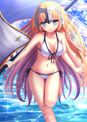 Rule 34 | 1girl, banner, barefoot, bikini, blonde hair, blue eyes, breasts, cleavage, collarbone, day, fate/apocrypha, fate (series), floating hair, groin, holding, holding weapon, jeanne d&#039;arc (fate), jeanne d&#039;arc (ruler) (fate), large breasts, leg up, long hair, looking at viewer, navel, outdoors, side-tie bikini bottom, smile, solo, standing, standing on one leg, swimsuit, toshi (1-147), very long hair, water, weapon, white bikini