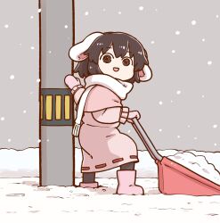 Rule 34 | 1girl, :d, animal ears, boots, cold, footprints, grey background, holding, holding shovel, inaba tewi, looking at viewer, mittens, open mouth, outdoors, poronegi, scarf, shovel, shoveling, smile, snow, snow shovel, snowing, solo, touhou, winter, winter clothes