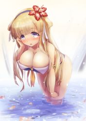 Rule 34 | 1girl, adapted costume, bikini, blonde hair, blue bikini, blue hairband, breasts, commentary request, double bun, fletcher (kancolle), flower, hair bun, hair flower, hair ornament, hairband, hibiscus, highres, kantai collection, large breasts, leaning forward, long hair, looking at viewer, purple eyes, soaking feet, solo, standing, swimsuit, wading, water, yomitsuna