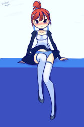 Rule 34 | 1girl, arm support, black dress, black footwear, blue panties, blush, choker, clothes lift, collarbone, digimon, digimon tamers, drantyno, dress, dress lift, flat chest, hair ribbon, highres, long sleeves, looking at viewer, maid, makino ruki, navel, panties, ponytail, puffy sleeves, purple eyes, red hair, ribbon, shoes, short hair, sitting, thighhighs, underwear, white background, white thighhighs