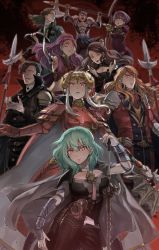 Rule 34 | 4boys, 5girls, armor, arms up, arrow (projectile), axe, aymr (fire emblem), belt, bernadetta von varley, black cape, black hair, blonde hair, blue hair, book, bow (weapon), breasts, brown hair, byleth (female) (fire emblem), byleth (fire emblem), cape, caspar von bergliez, cleavage, closed mouth, crying, crying with eyes open, dorothea arnault, dress, earrings, edelgard von hresvelg, evil smile, ferdinand von aegir, fire emblem, fire emblem: three houses, gesugao, glaring, gloves, green hair, hair over one eye, headpiece, heroes relic (fire emblem), highres, holding, holding arrow, holding axe, holding book, holding bow (weapon), holding sword, holding weapon, horns, hubert von vestra, jewelry, korokoro daigorou, linhardt von hevring, long hair, long sleeves, looking at viewer, medium hair, multiple boys, multiple girls, nintendo, open book, open mouth, orange hair, pantyhose, parted lips, petra macneary, polearm, ponytail, purple hair, red eyes, short hair, smile, sword, sword of the creator, tears, weapon, white gloves, yellow gloves