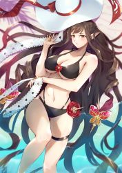 Rule 34 | 1girl, :o, bikini, black bikini, breasts, brown eyes, brown hair, butterfly hair ornament, cleavage, commentary request, fate/grand order, fate (series), hair ornament, hat, highres, large breasts, long hair, nakaga eri, navel, pointy ears, semiramis (fate), solo, spikes, stomach, sun hat, swimsuit, thigh strap, thighs, unworn hat, unworn headwear, very long hair, water, white hat